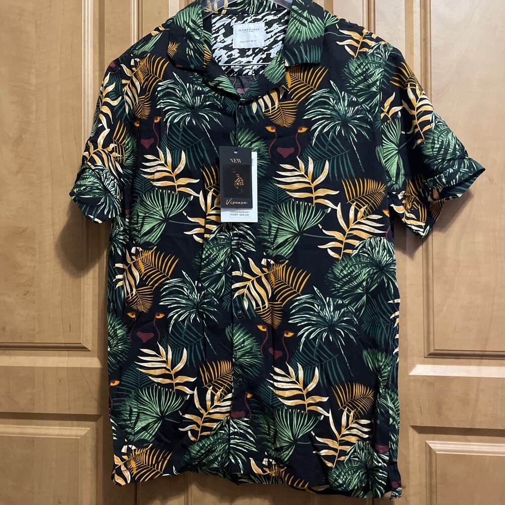 Denim & Flower Men's Medium Black Button Down Shirt Short Sleeve Shirt Tropical
